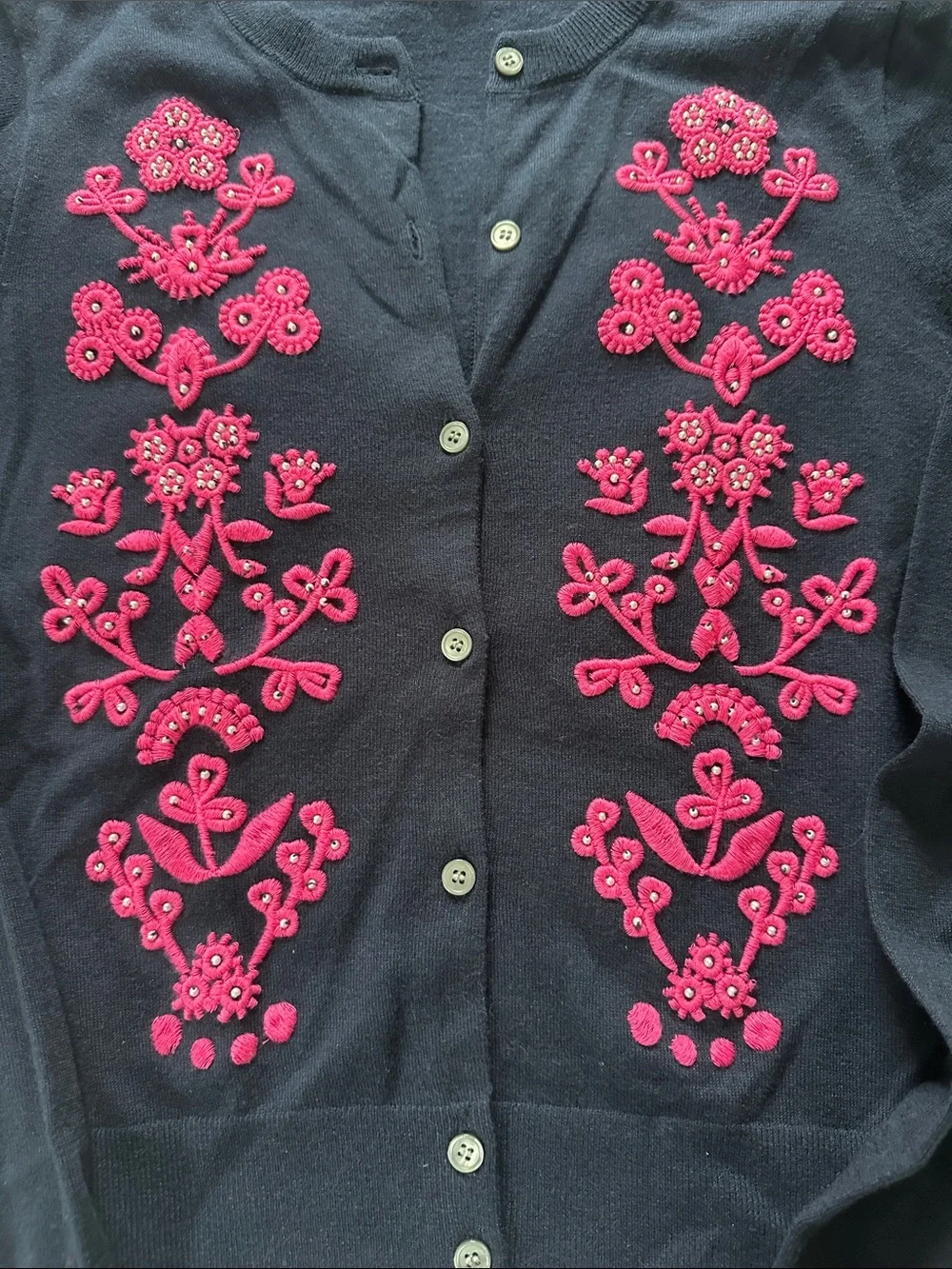 J. Crew Navy Cardigan with Bright Pink Embroidery